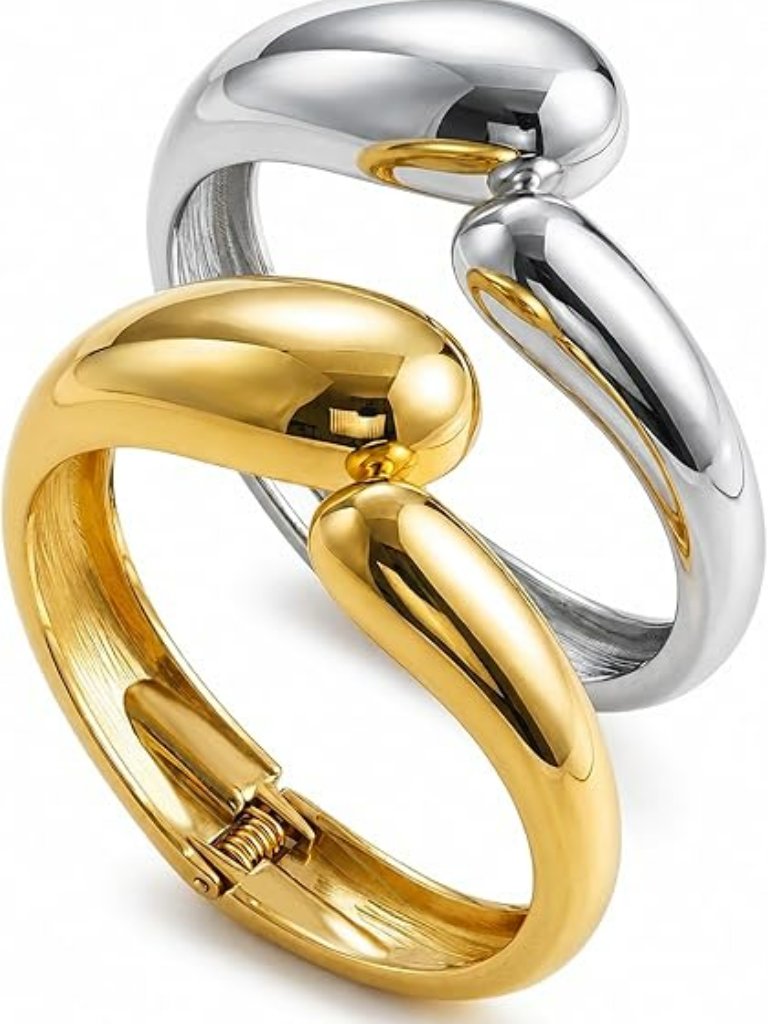 New Chunky Gold Bangle Bracelet Set Silver & Gold Plated Big Stackable Wide Cuff